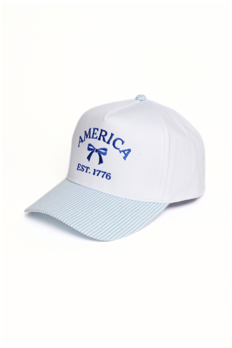 America Est. 1776 patriotic cotton baseball cap with stripe accents The Pixie Garden
