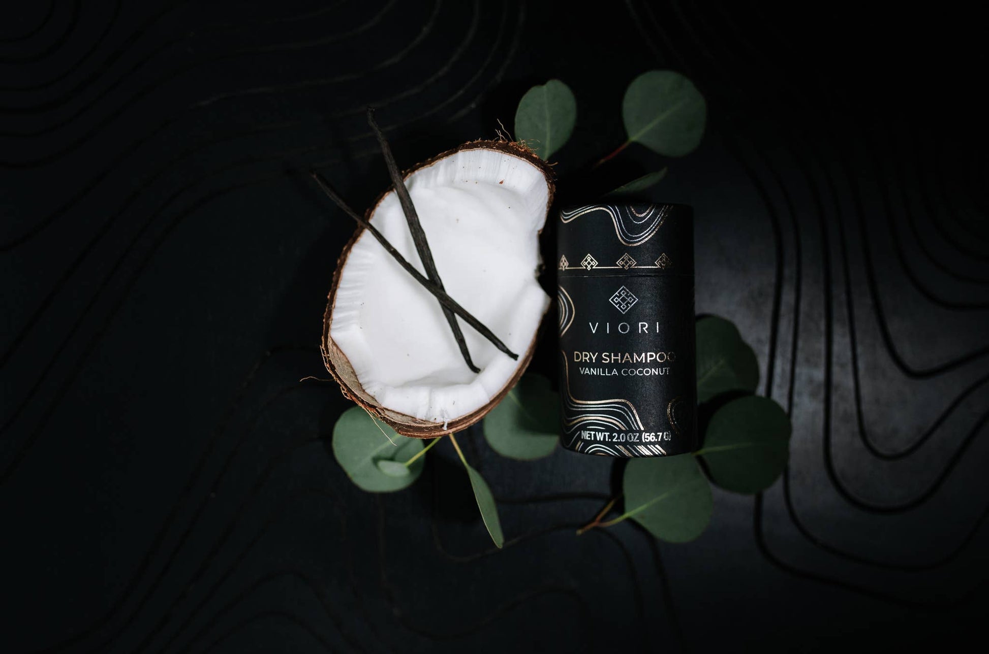 Talc-free vanilla coconut dry shampoo bottle, Viori rice water hair care, The Pixie Garden