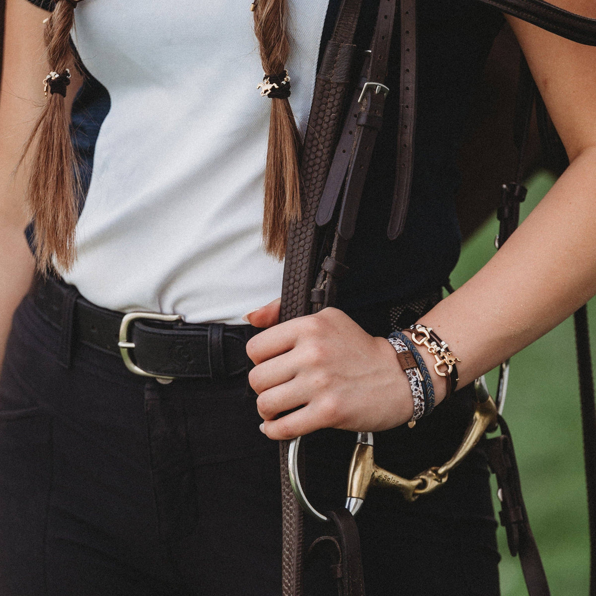 "Gallop" Horse & Bit Equestrian Accents in Rich Brown & Blue Hair Tie Bracelets: Small