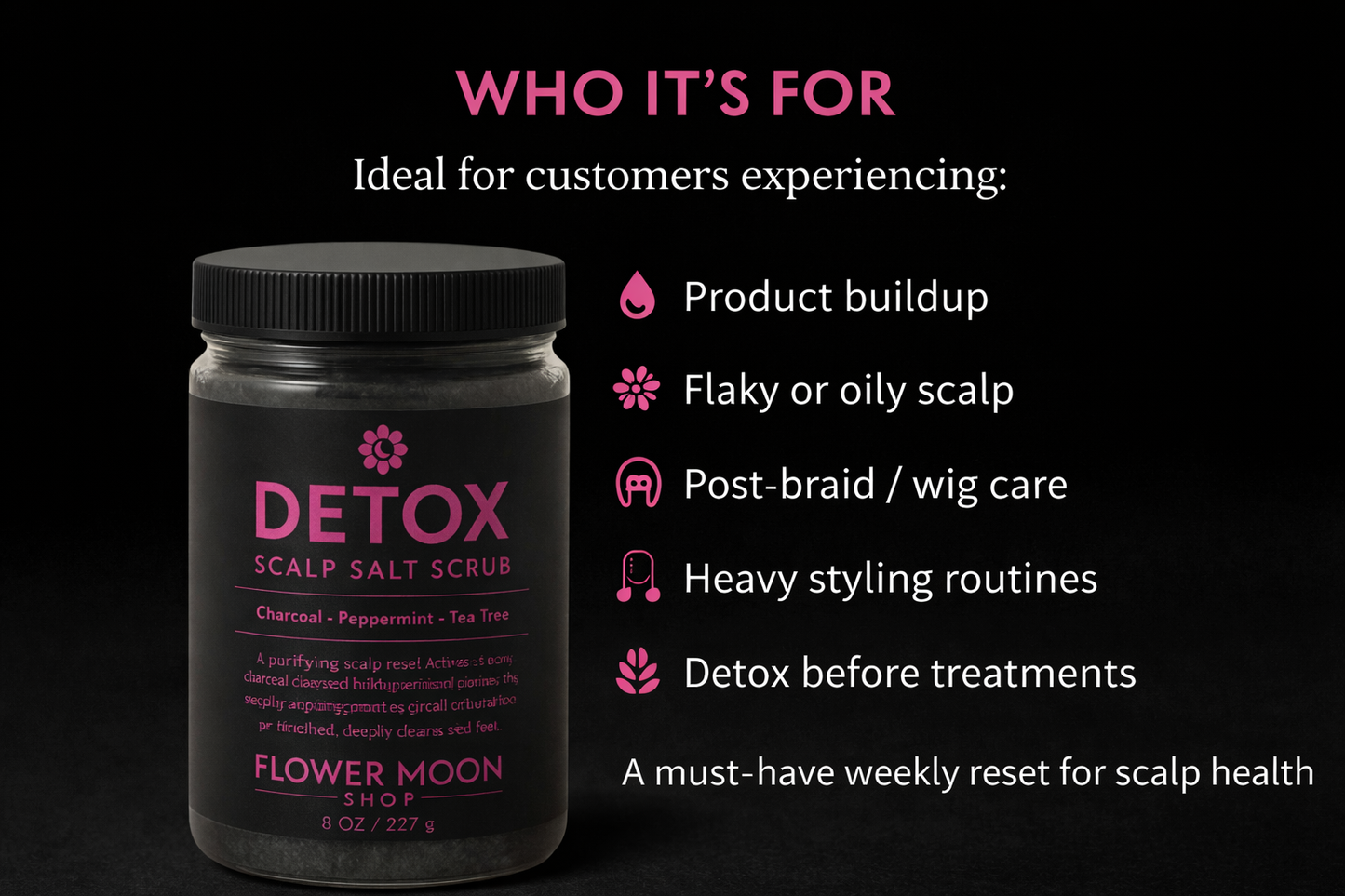 DETOX Scalp Scrub charcoal peppermint tea tree container detail Flower Moon salon-selected The Pixie Garden