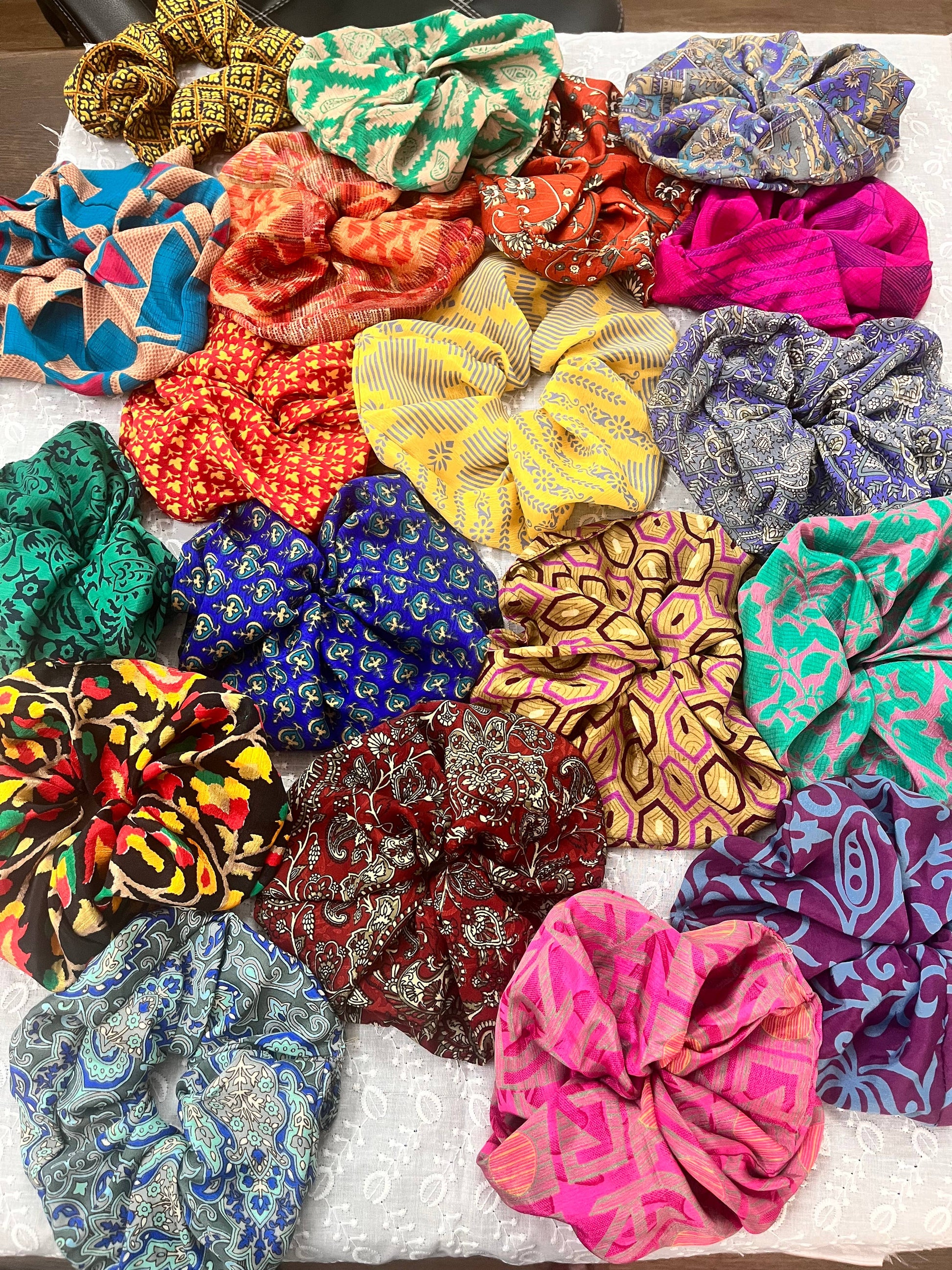 Eco friendly vintage silk scrunchie holding a ponytail, The Pixie Garden
