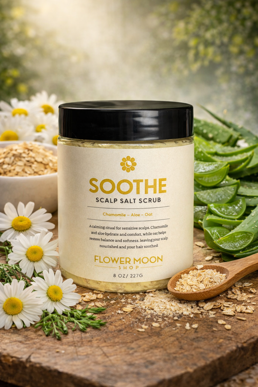 SOOTHE Scalp Scrub natural ingredients on wood surface | Chamomile aloe oat treatment | The Pixie Garden