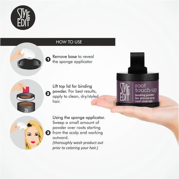 How-to steps for the Style Edit root touch-up compact: remove the base, lift the lid, sweep the sponge over the roots