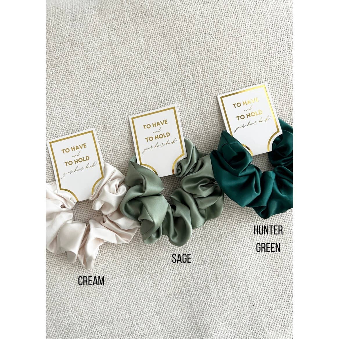 Silk satin scrunchies cream sage hunter green assorted salon-selected The Pixie Garden