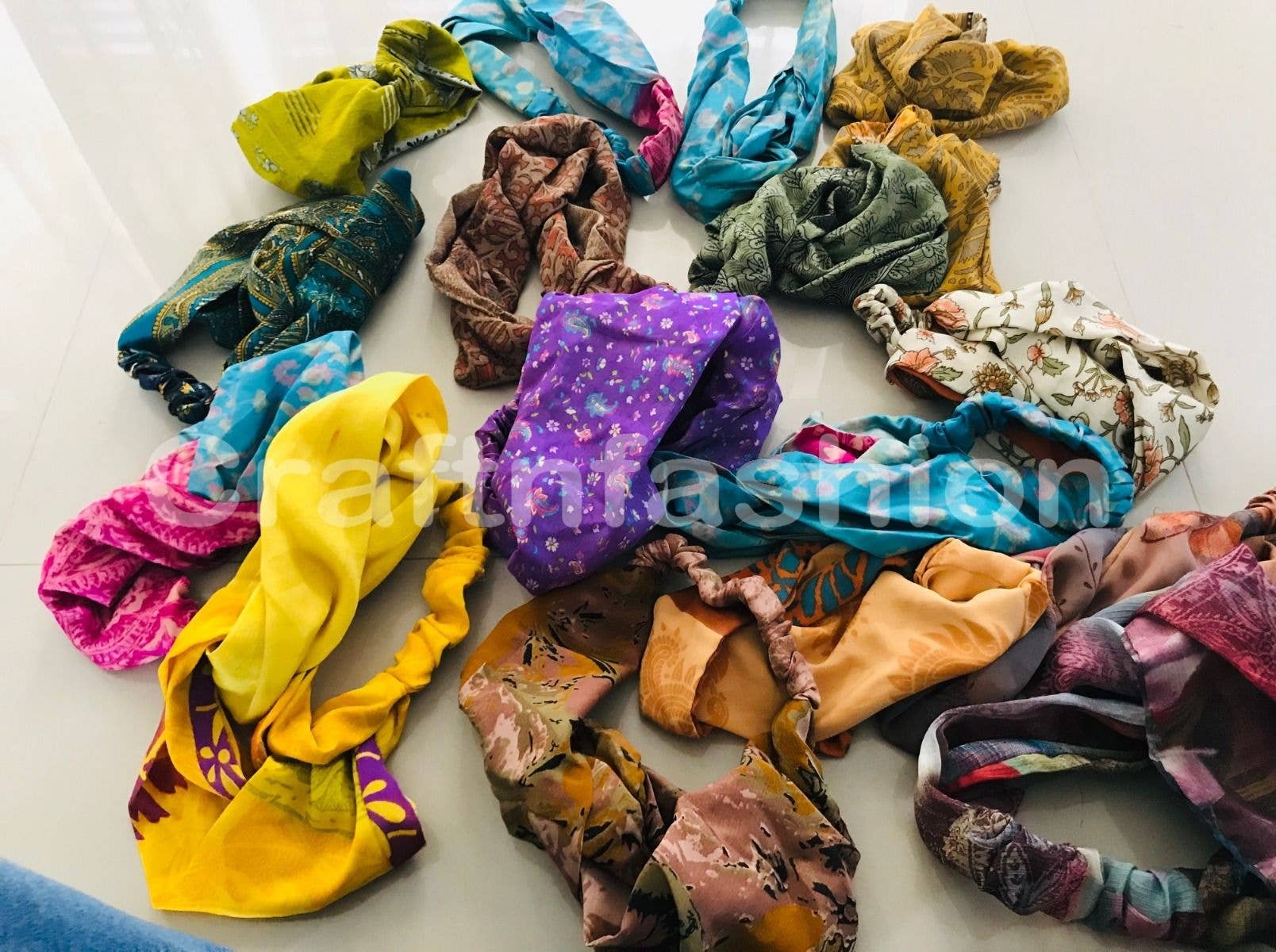 Upcycled sari silk hair tie, close up, The Pixie Garden