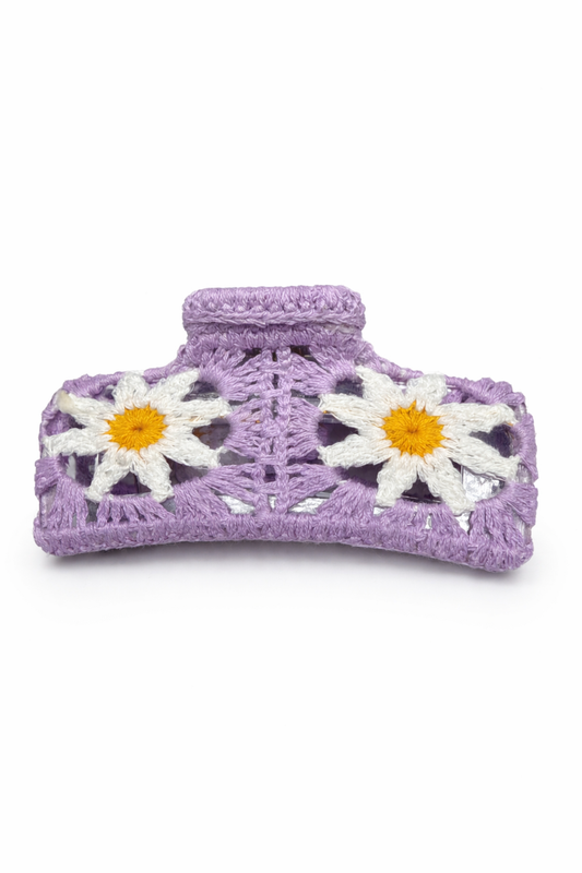 Crochet purple daisy claw clip handmade white flower detail The Pixie Garden