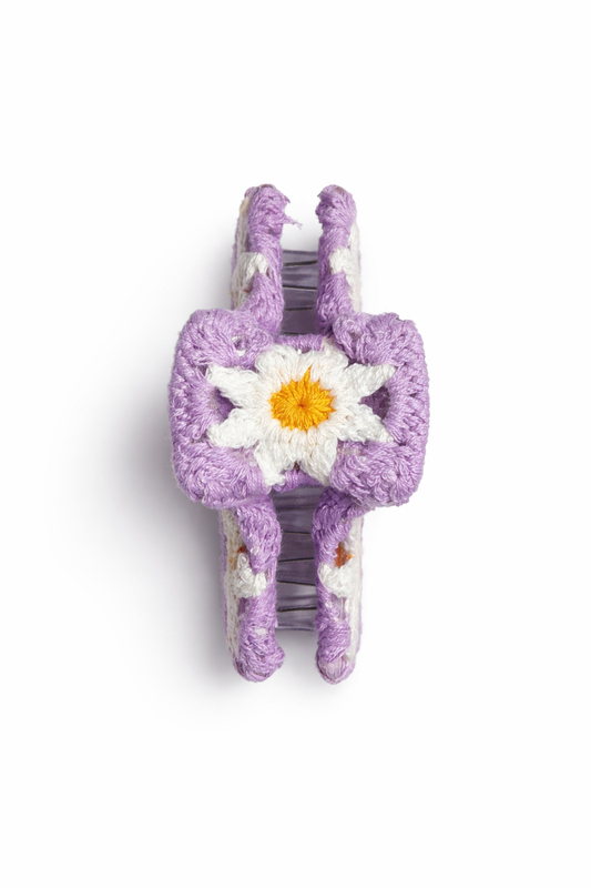 Purple crochet daisy claw clip handmade artisan white flower design The Pixie Garden