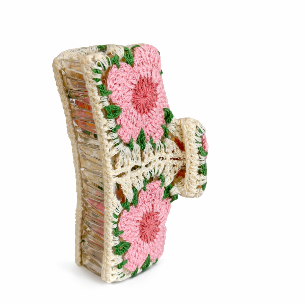 Floral Crochet Hair Clip - Pink Flower Design