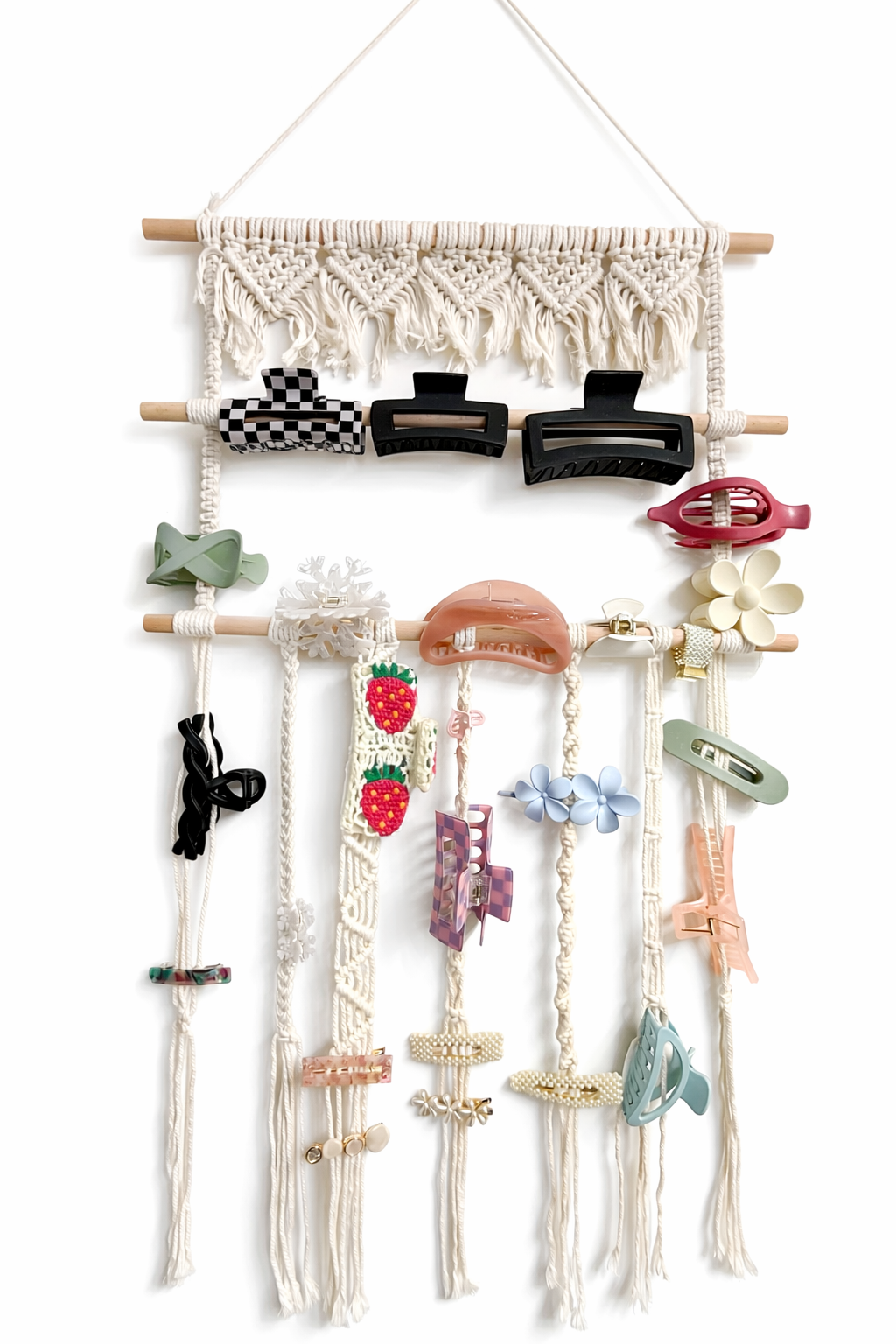Macrame hair clip organizer wall display with clips The Clip Garden The Pixie Garden