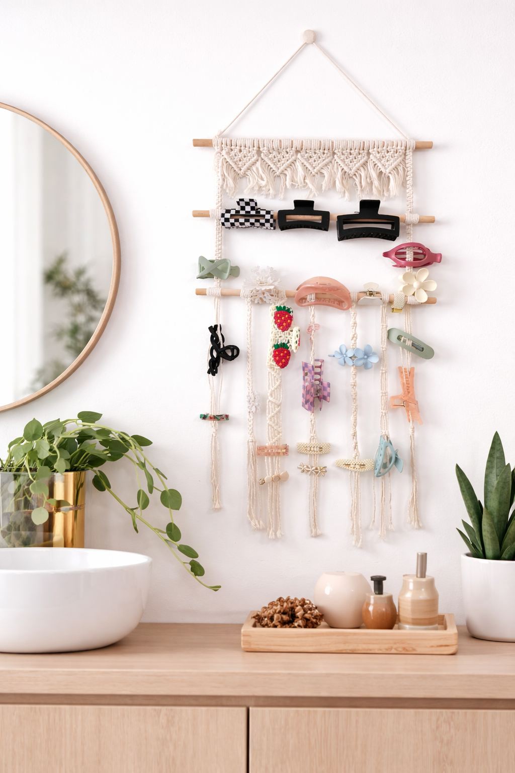 Macrame hair accessory holder with hair clips on a wall above a vanity.
