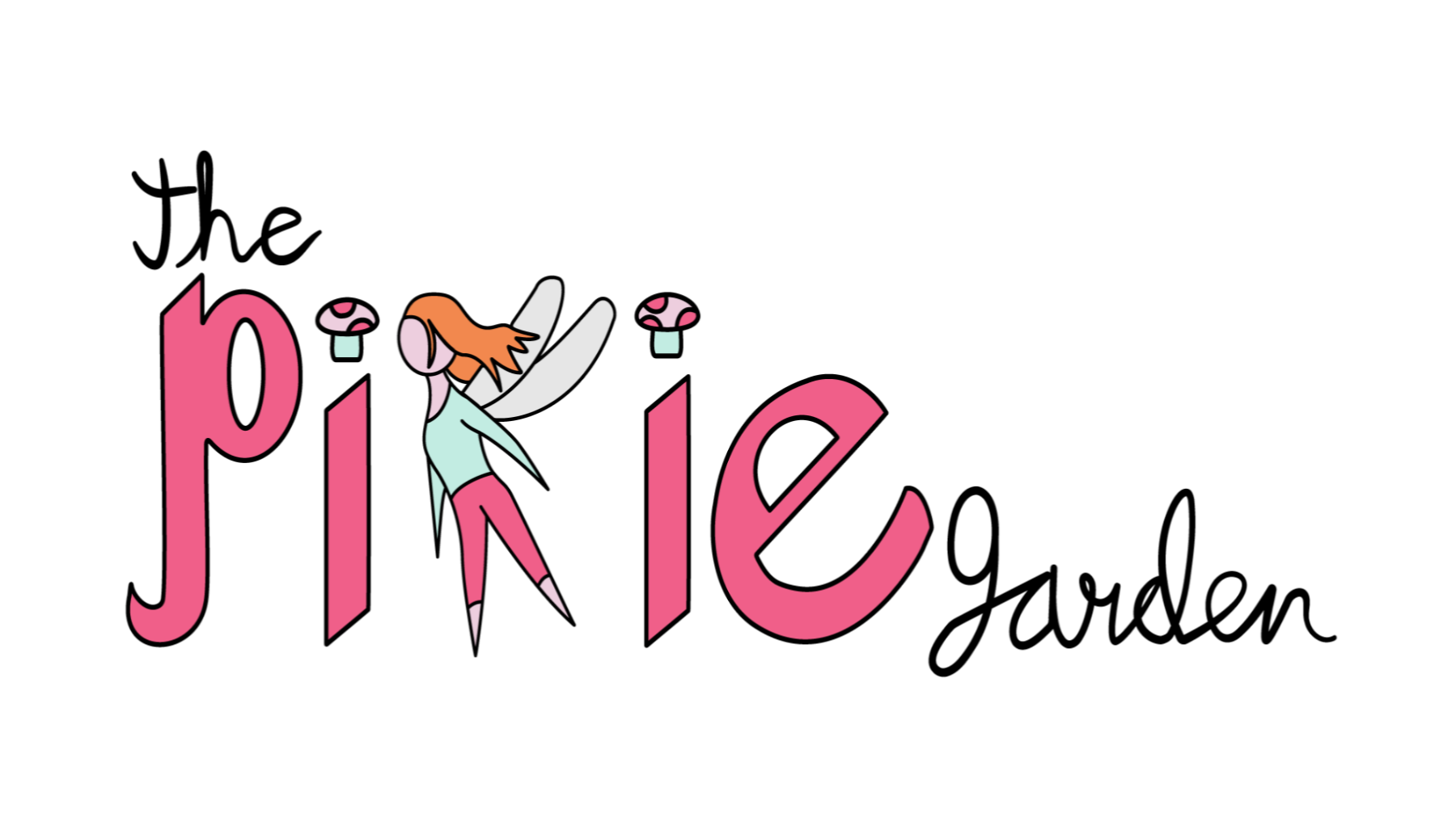 Logo for 'The Pixie Garden' with a cartoon character and flowers on a white background