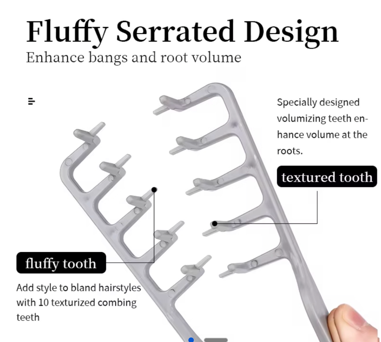 Fluffy serrated design of the Magic Texture Comb showing textured volumizing teeth for root lift