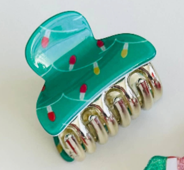 Teal green mini claw clip painted with a red, yellow and white Christmas bulb garland