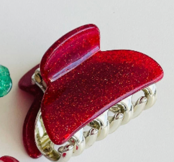 Plain red glitter mini claw clip with a silver hinge, the Red Sparkle design