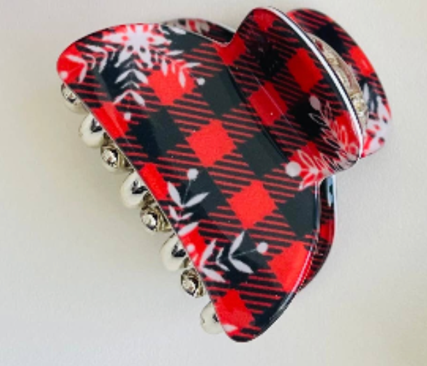 Red and black buffalo check mini claw clip with white snowflakes, the Flannel design