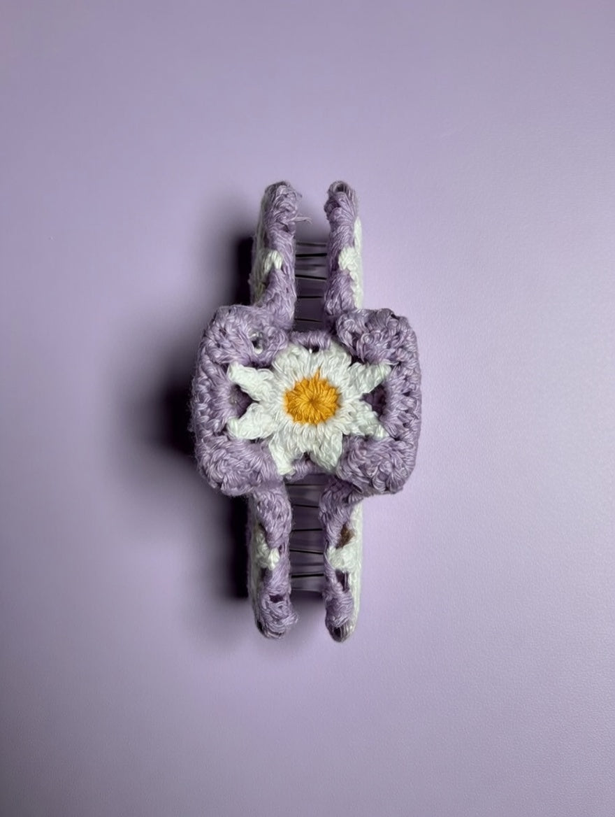 Crochet purple daisy claw clip handmade lifestyle shot The Pixie Garden