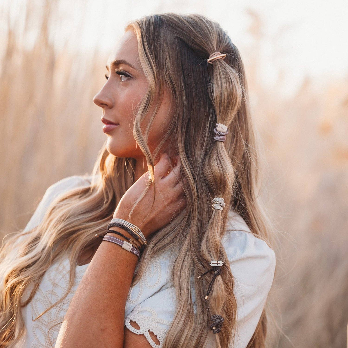 "Faith" Warm Neutrals with Gold Cross Hair Tie Bracelets: Large