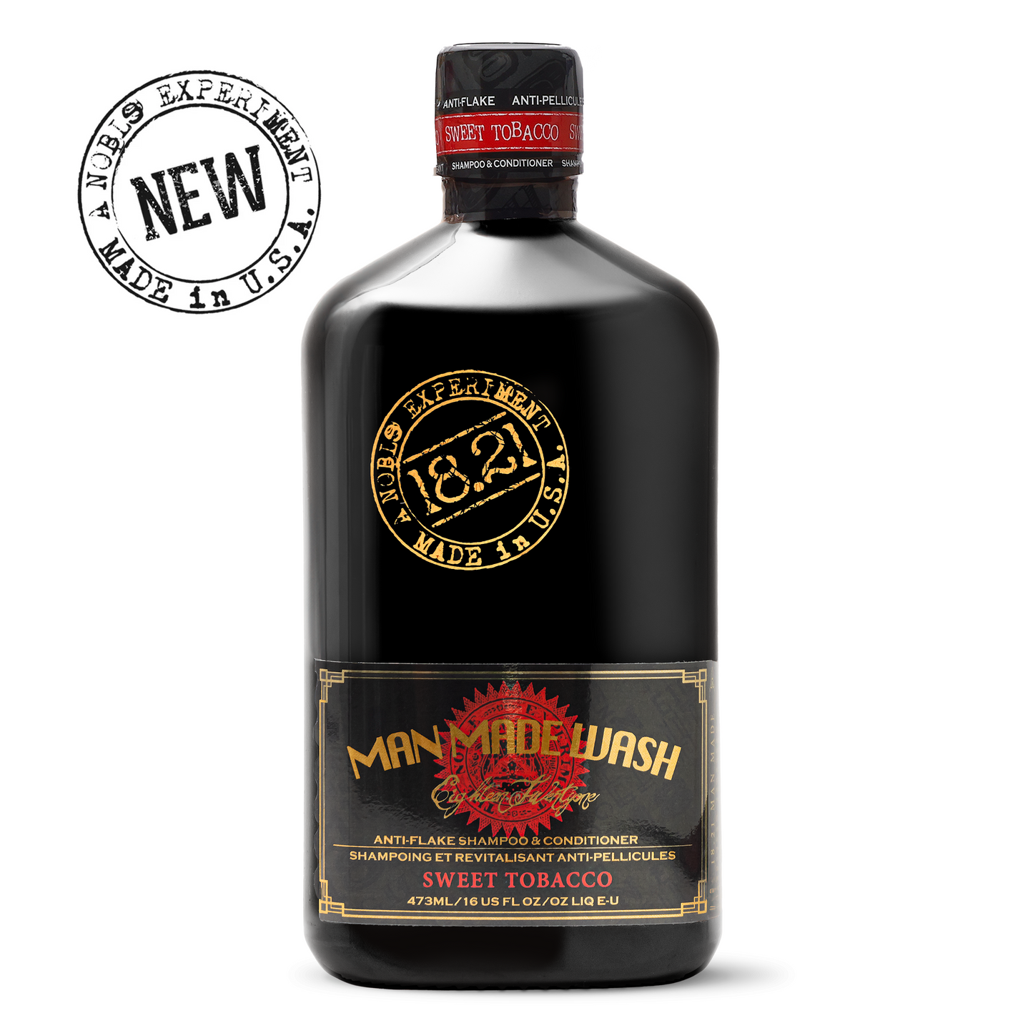 Black bottle of Man Made Wash Sweet Tobacco with gold and red text on a white background