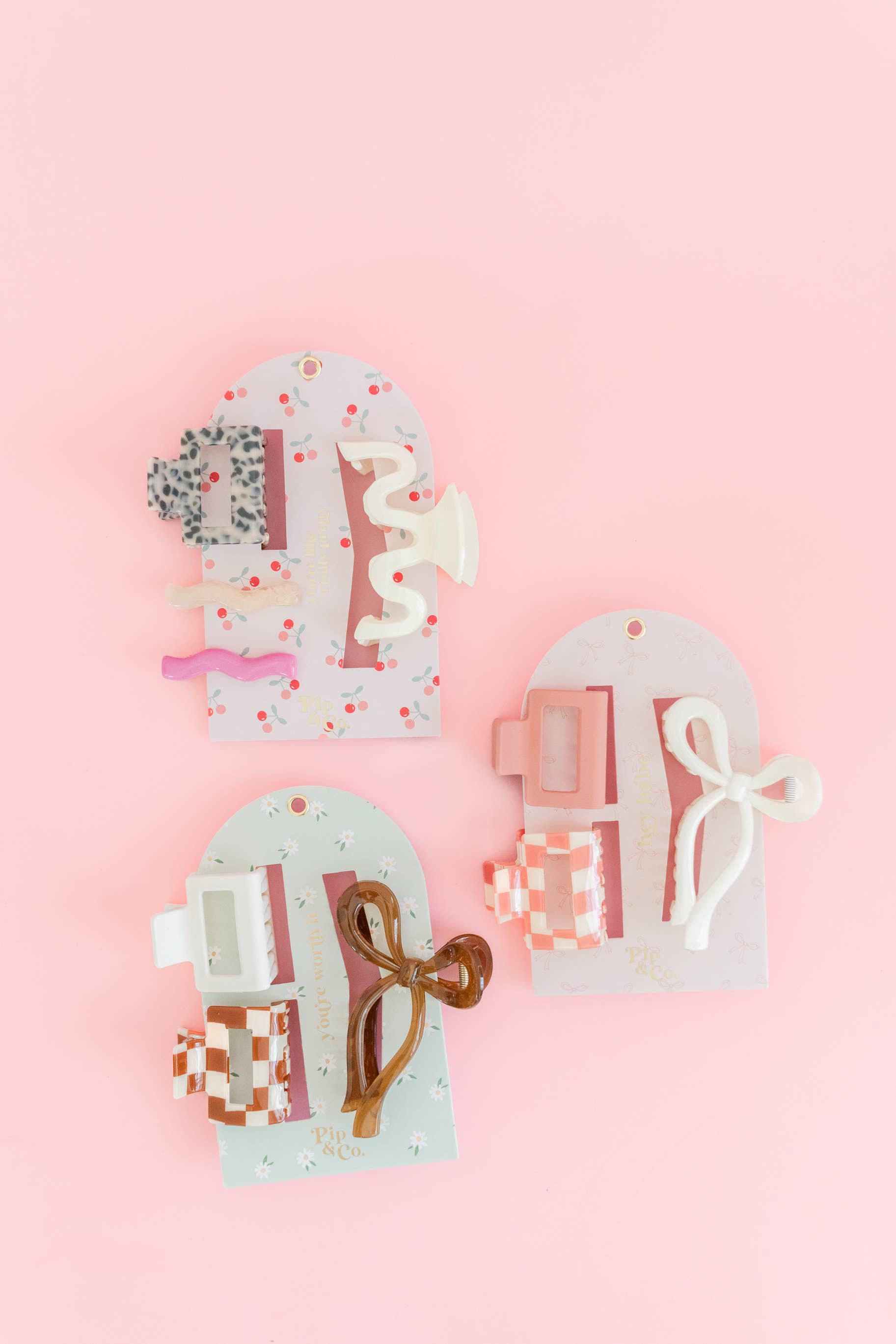 Pink checker bow claw clip set 3 piece salon-selected hair accessories The Pixie Garden