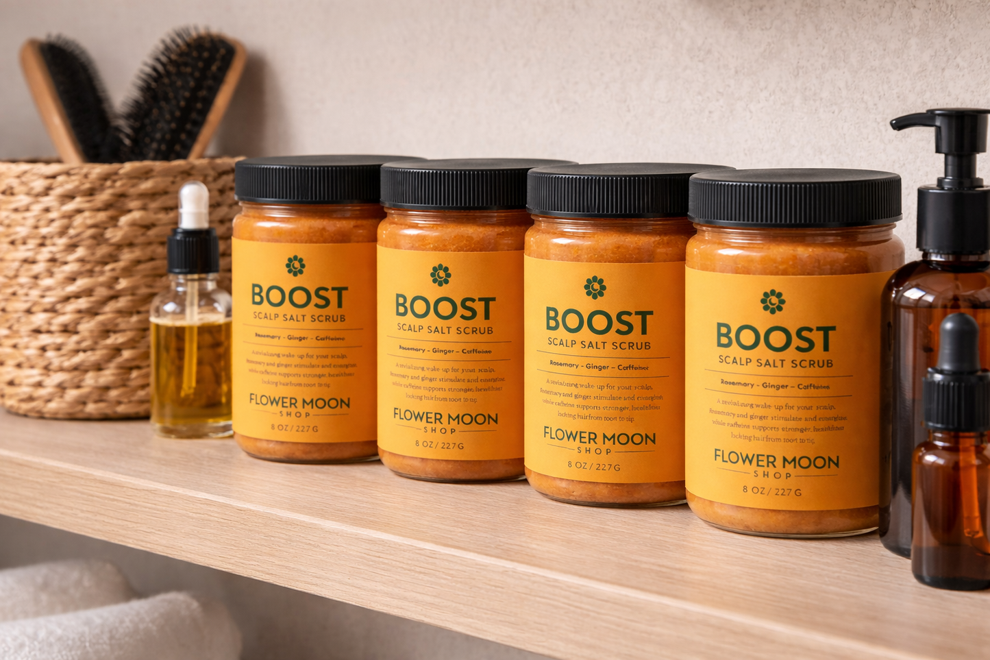Bathroom shelf with 'Boost' hair care products from Flower Moon Soap Co.
