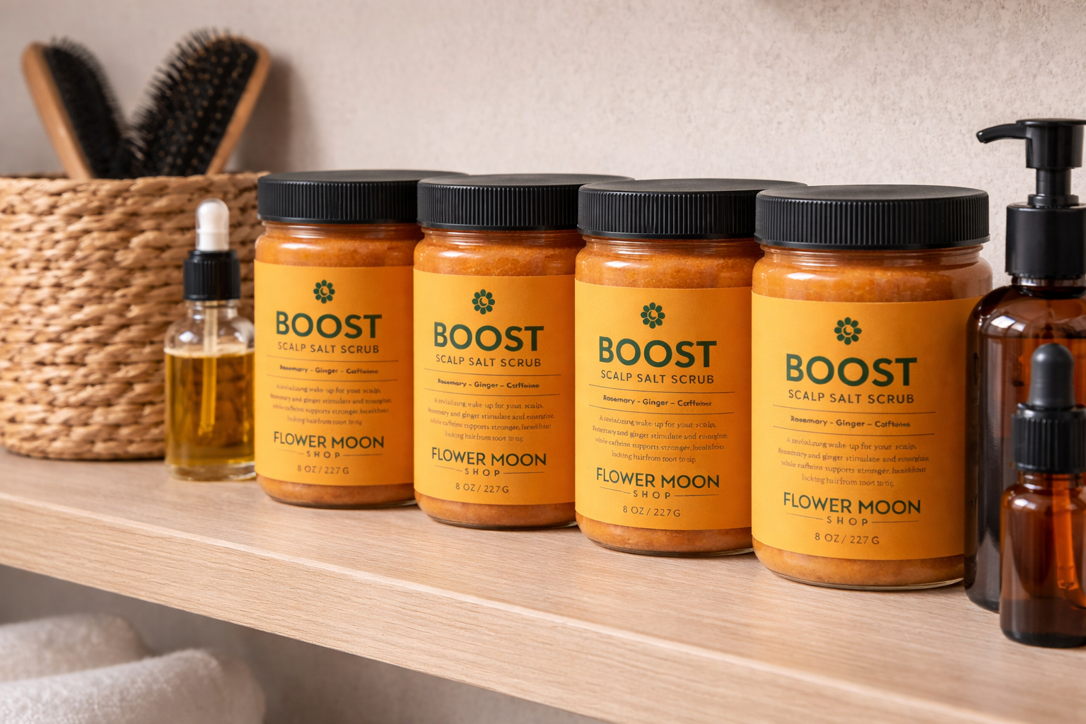 Bathroom shelf with 'Boost' hair care products from Flower Moon Soap Co.