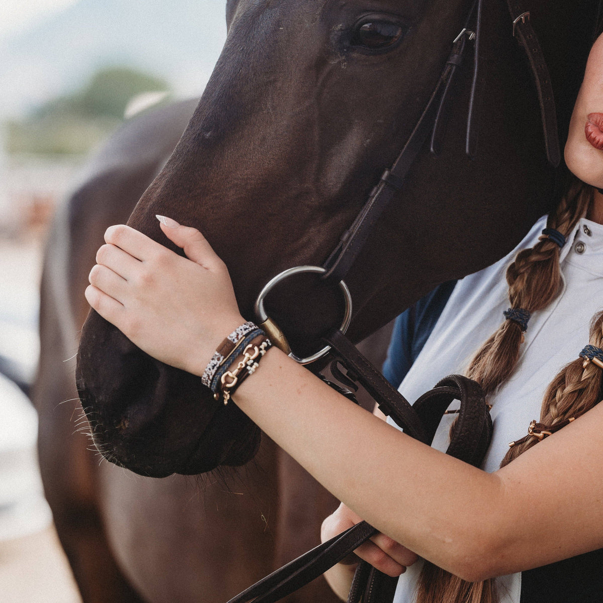 "Gallop" Horse & Bit Equestrian Accents in Rich Brown & Blue Hair Tie Bracelets: Small