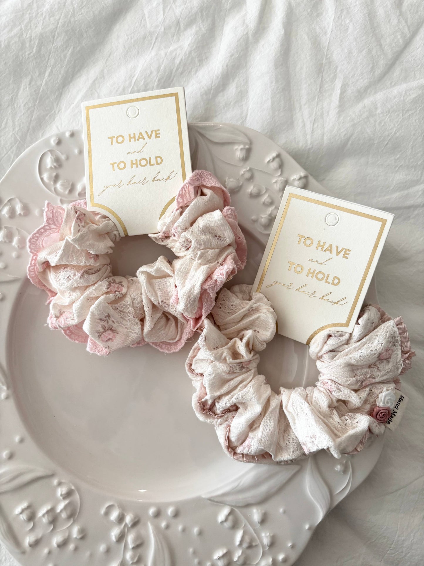 Romantic floral lace scrunchie set pink white salon-selected The Pixie Garden