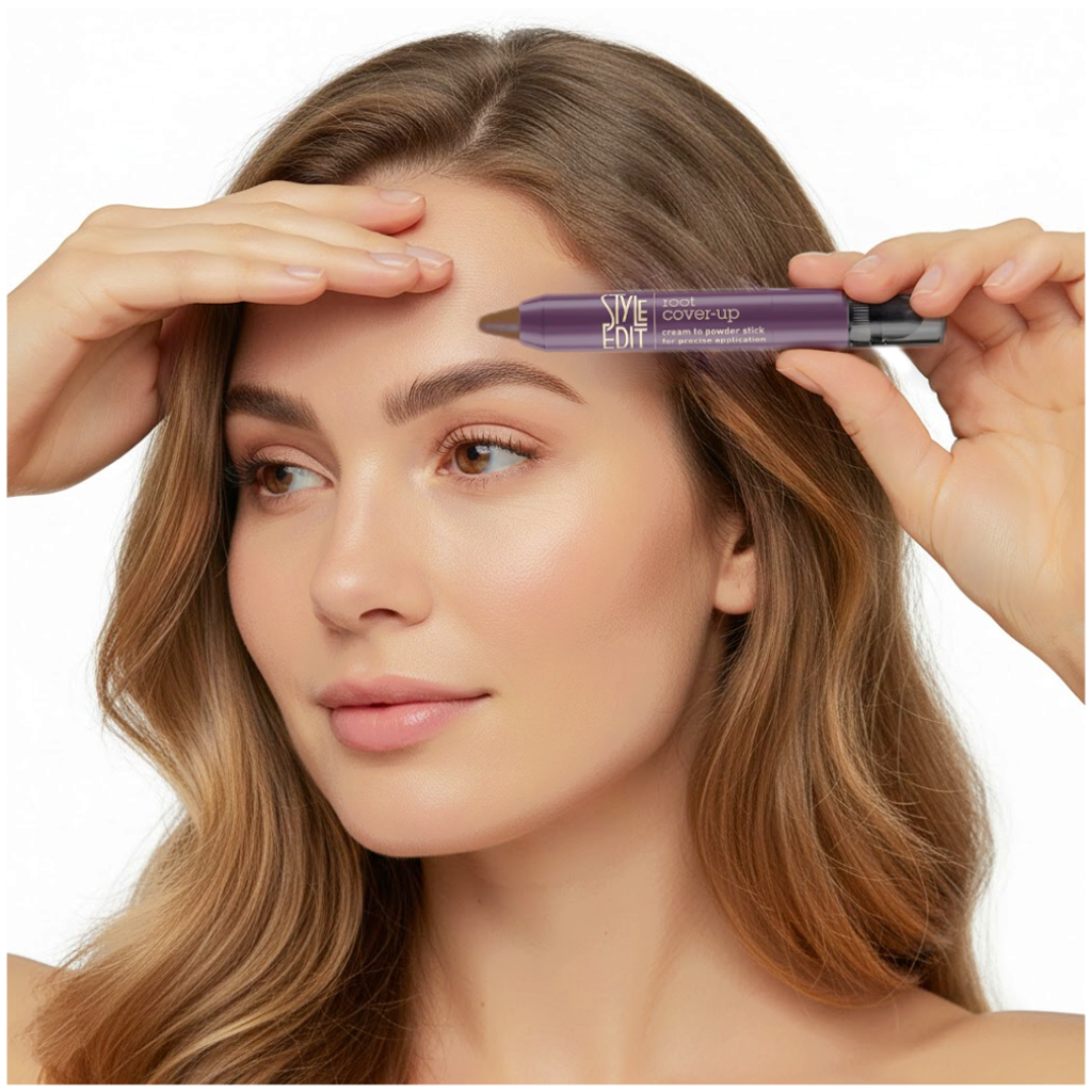 Woman applying the root cover-up stick along her hairline