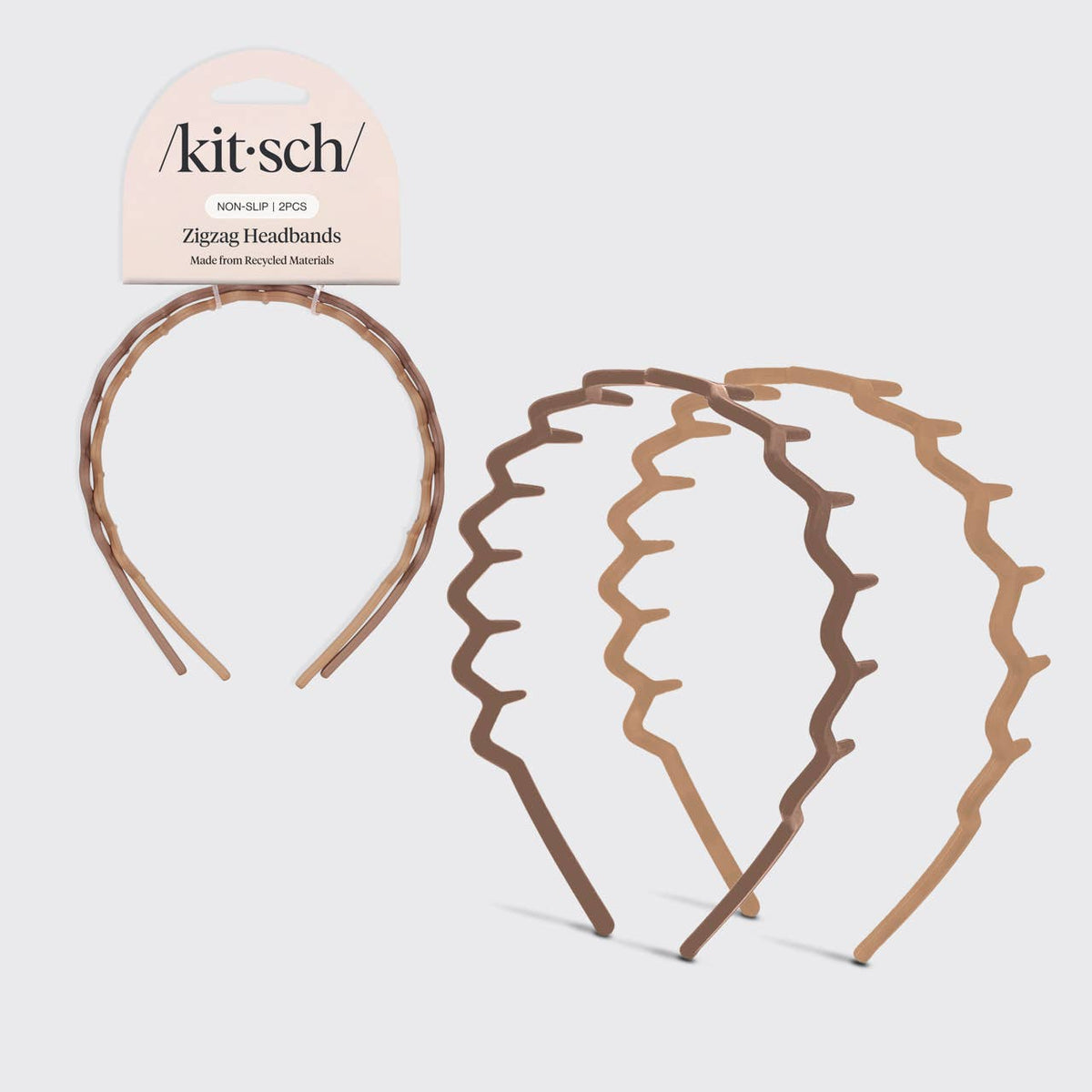 KITSCH neutral zig zag headband 2-pack in tan and light taupe on its retail card, The Pixie Garden
