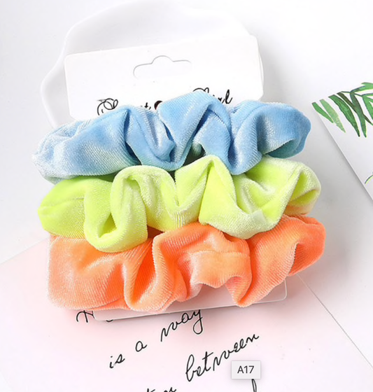 Neon velvet scrunchie set blue yellow peach 3 piece salon-selected The Pixie Garden