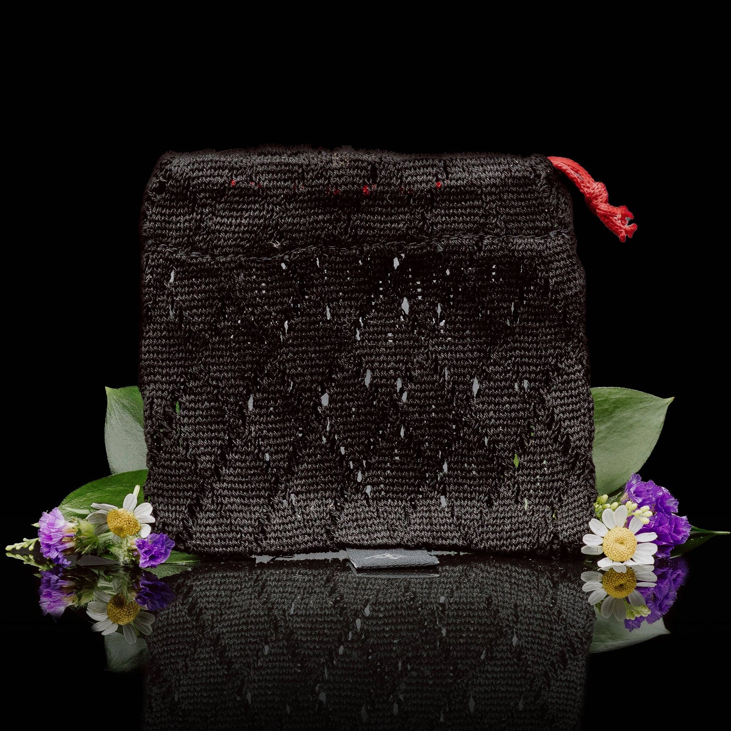 Black bamboo-fabric shower soap saver bag for shampoo and conditioner bars, salon-selected by The Pixie Garden