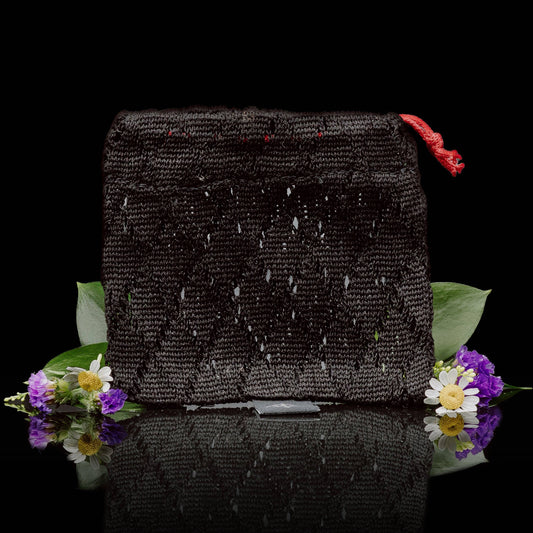 Black bamboo-fabric shower soap saver bag for shampoo and conditioner bars, salon-selected by The Pixie Garden