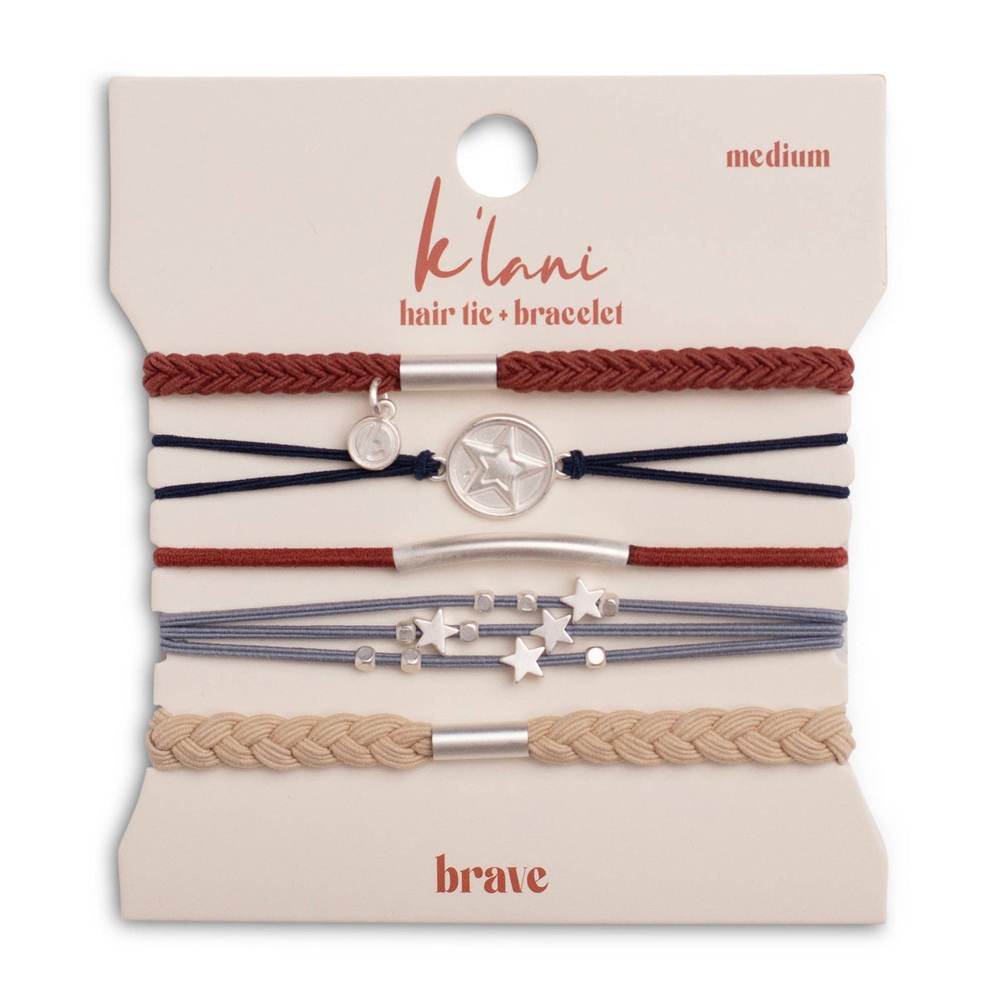 Brave patriotic hair tie bracelet set in red white and blue with silver star charms The Pixie Garden