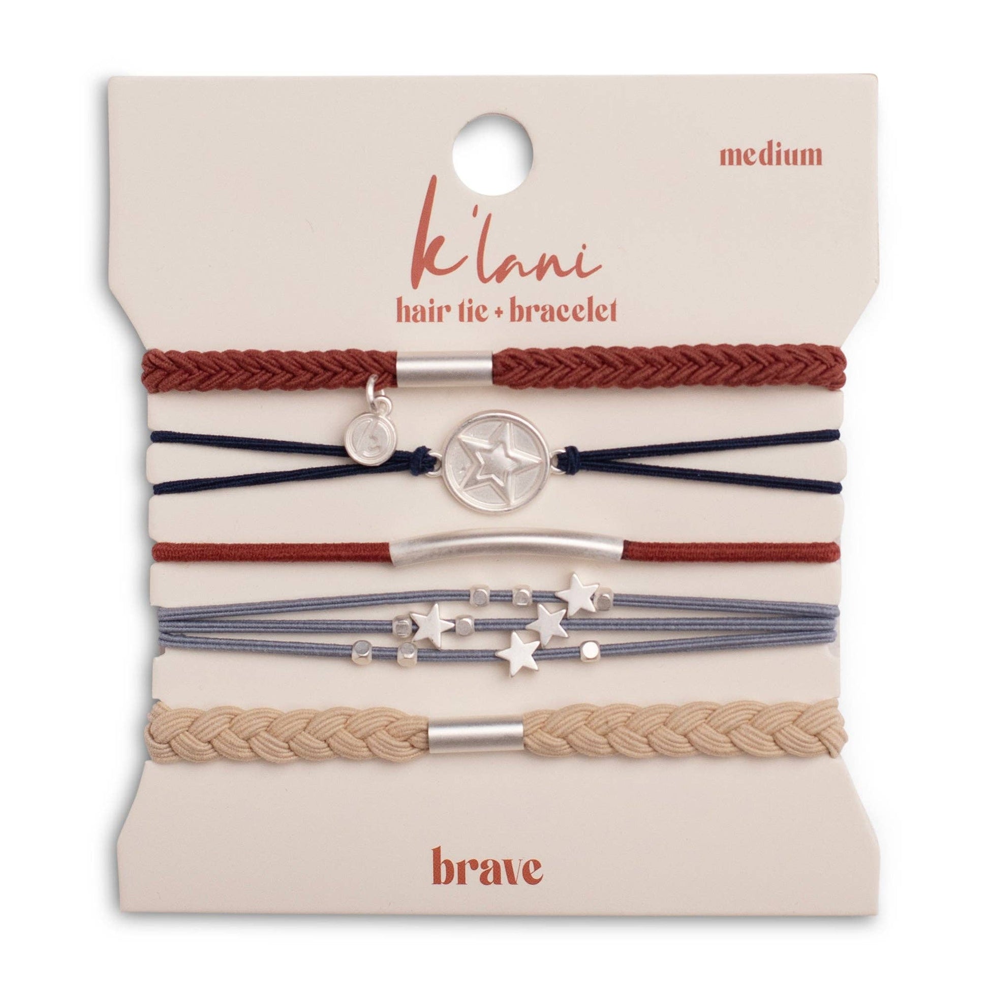 Brave patriotic hair tie bracelet set in red white and blue with silver star charms The Pixie Garden