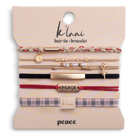 Peace hair tie bracelet set on its K'lani card, five bands in holiday red, cream plaid and navy with gold accents