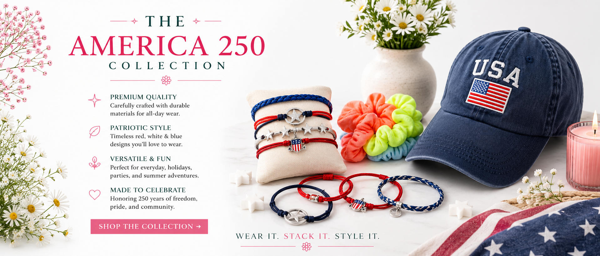 The Pixie Garden America 250 Collection banner: patriotic red, white, and blue hair tie bracelets, USA flag baseball cap, and velvet scrunchies