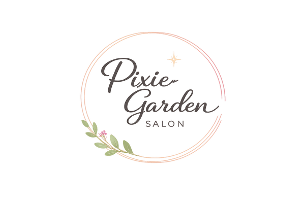 Logo of Pixie Garden Shop and Salon with decorative elements on a white background